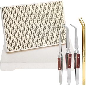 YIMITEE 6 Pack Jewelry Soldering Kit, Jewelry Welder with Honeycomb Ceramic Welding Board, Solder Plate, Copper Tong, 3 Lock Tweezers, Metal Melting Supplies, Jeweler Making Tools, Heat Proof