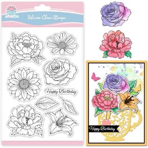 GLOBLELAND Flower Rose Lily Clear Stamps for Card Making Hibiscus Sunflower Daisy Leaves Silicone Clear Stamps Greeting Transparent Stamps Seal for DIY Scrapbooking Embossing Photo Album Decor