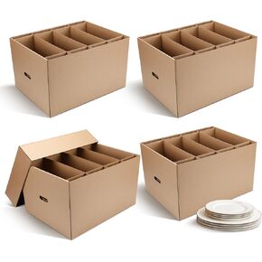 4 Pack Large Dish Packing Box with Divider 20 x 15 x 12'' Kitchen Moving Boxes Dish Packing Boxes with Reinforced Handle Packing Supplies with Lid for Moving Dishes and Glassware