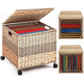 Large Rolling Decorative Filing Cabinet 17.7×15.7×12.6in File Box Seagrass Hanging Organizers for Letter & Legal Size File Basket with Lid Wheels for Home Office(Tricolor,Water Hyacinth)