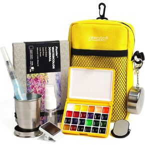 Funto Mini Watercolor Paint Set, All-In-One 24-Color Travel Paint Kit, with Crossbody Bag, Watercolor Journal, Paint Water Cup, Pocket Set for Artists
