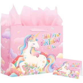 Unicorn Gift Bag for Girls, Unicorn Birthday Decoration Set with 13" Large Bag, Card, and Tissue Paper for Kids' Birthday Celebrations(Purple)
