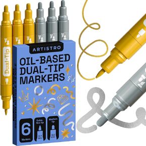 ARTISTRO 6 Gold & Silver Permanent Markers, Metallic Paint Pen, Oil Based Markers Dual Tip (0.3mm+3mm), Waterproof Paint Pens for Rock Painting, Ceramic, Glass, Wood, Tire, Fabric & More