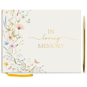 Hunanyume Funeral Guest Book for Memorial Service, in Loving Memory Guest Book with Gold Pen Please Sign Table Card, Wild Floral Funeral Sign in Book for Guests (7" x 9")