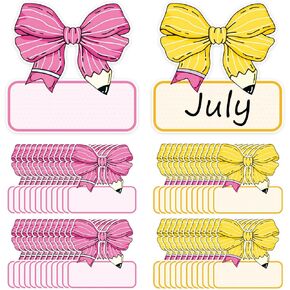 48 Pcs Back to School Bow Name Tag Stickers Bow Pencil Nameplates Pink Yellow Bowknot Self-Adhesive Label Decals for Students Desk Classroom Bulletin Board