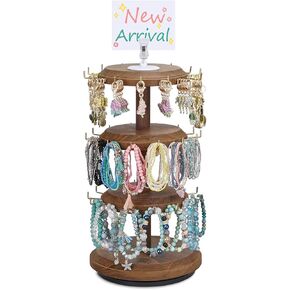 MOOCA 3 Tier Wooden Bracelet Holder, Jewelry Display Stand, Rotating Bracelet Display, With 42 Hooks, Brown Color, 7.9" W X 7.9" D X 14.8" H