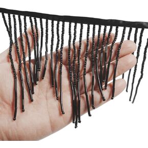 2.7 Yards Wavy Shaped Ribbon Tassel Beaded Fringe Trim Glass Beads Trim Tassels Ribbon Tassel Chain for Clothing Accessories DIY Decoration (Black)