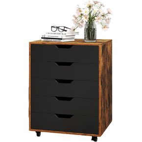 DORTALA 5 Drawer Chest File Cabinet with Wheels, Versatile Mobile Under Desk Office Storage Cabinet, Wood Filing Cabinet for Home Office, Black