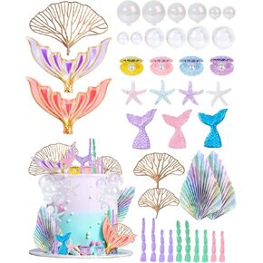 Mermaid Cake Toppers, 40-Piece Under the Sea Cake Decor Set, Seaweed, Bubbles, Tails, Starfish, Shells, Origami, Golden Ginkgo Leaves, for Birthday Mermaid Theme Party Supplies