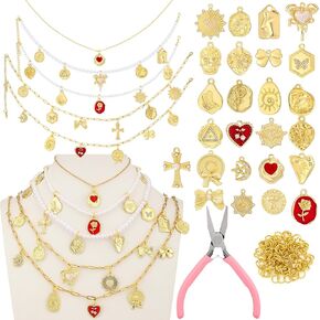 Landical 56 Pcs Gold Vintage Charm Necklace Making Kit for DIY 5 Pcs 4 Styles Women Jewelry Chains 25 Pcs Charms Pendants 25 Pcs Open Jump Ring and Plier for Choker Bracelet Ring Craft Gift