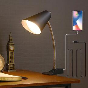 LED Clip on Table Lamp with 1 USB Charging Port, Adjustable Neck, On/Off Switch, Modern Desk Lamp for Reading, Working, Studying, Gentle Warm White Light, Eye Protect