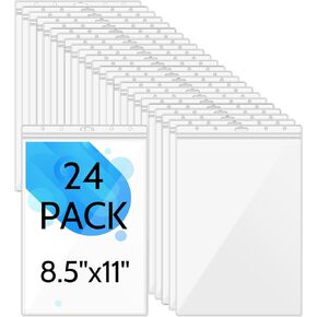 24 Pack Resealable Sheet Protectors 8.5 x 11 Inch Clear Heavy Duty Page Sleeves Plastic Waterproof Zip Document Holders for Photos Tickets Certificates Wall Sign Displays, Vertical