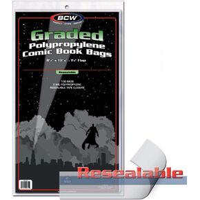 BCW Resealable Graded Comic Book Bags - Pack of 100 | Crystal Clear Polypropylene Sleeves for CGC and CBCS Slabs | Acid-Free, Archival Quality Resealable Comic Book Protectors - 9x14