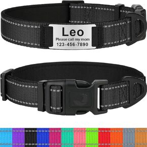 Taglory Personalized Dog Collars for Medium Dogs, Custom Reflective Collar with Name Plate, Padded Pet ID Tags with Engraved Slide, Black