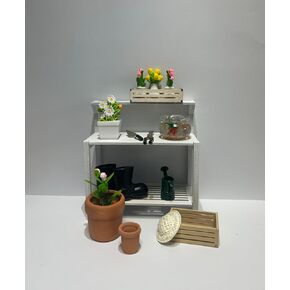 Miniature Dollhouse Garden Potting Bench Set, 1:12 Scale, with Tools, Flowers, Pots and Fish Bowl (Potting Bench)