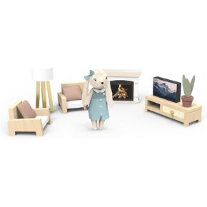 Speedy Monkey Cozy Dollhouse Living Room Playset with Bunny – Miniature FSC Wooden Furniture Sofa, TV – Pretend Play Fully Furnished Farmhouse Accessories for Kid, Toddler, Girl – Doll House Decor Toy