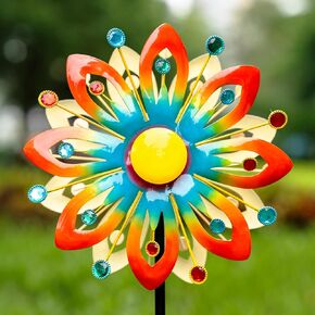 Soalr Wind Spinners -Mandala Wind Sculptures & Spinners Garden Kinetic Art with Solar Powered Multi-Color Glass Ball Light for Yard Garden Backyard Lawn Decorations - Yellow