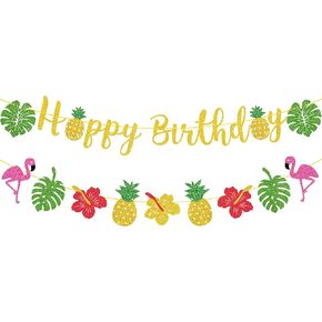 Hawaiian Luau Birthday Banner Decorations, 24pcs Gold Glitter Aloha Party Banner, Summer Tropical Aloha Birthday Signs for Hawaiian Party Supplies