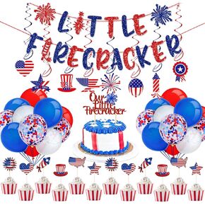 Little Firecracker Birthday Party Decorations-Glittery Little Firecracker Banner,Hanging Swirls,Balloons,Cake Toppers for 4th of July Independence Day Patriotic 1st Birthday Party Supplies