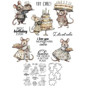 Happy Birthday Cakes Sweet Cute Mouse Family Clear Stamps and Metal Cutting Dies Set with Package Envelope Box for Card Making DIY Scrapbooking Supplies Silicone Stamp Knife Mold for Crafts