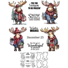 Winter Cute Christmas Reindeer in Coats Clear Stamps Metal Cutting Dies Set with Package Envelope Box for Card Making DIY Scrapbooking Supplies Silicone Stamps Knife Mold for Xmas Crafts Decor