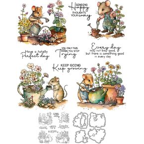 Stamps for Crafting,Cute Mouse Garden Planting Flowers Clear Stamps and Metal Cutting Dies Set with for Card Making DIY Scrapbooking Supplies Silicone Stamp Knife Mold for Albums Crafts Decor