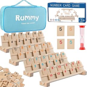 Wooden Rummy Cube Game with Portable Storage Bag, Travel Rummy Game Set with 106 Tiles, 4 Playing Rack, 1 Timer (2-4 Players)