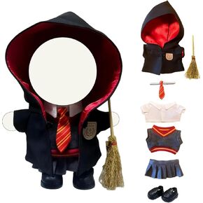 7-Piece Wizard Doll Clothes Set for 17cm Dolls – Fits The Monsters Exciting Macaron Series – Fantasy Outfit with Hooded Cloak, Shirt, Pants, Sweater, Tie, Shoes & Magic Broom – Doll Accessories Only
