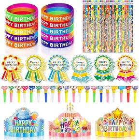 150 Pcs Happy Birthday Kits for Kids Classroom - Include Adjustable Happy Birthday Crowns, Whistles, Colored Silicone Stretches, Badge Stickers, Pencils - School Classroom Students Party Supplies