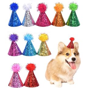 LEFUBABY 10 PCS Mini Small Glitter Birthday Party Hats with Pom Poms for Animal Hats Cat Dog Birthday Party Decorations (10, 2'' x 3.5'')