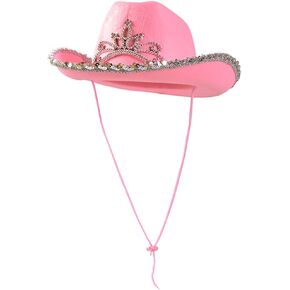 Funny Party Hats - Pink Cowgirl Hat With Blinking Tiara - Childrens Party Hat - Girls Cowboy Hat - Rodeo Princess - Texas Rancher Style - Halloween & Birthday Fun