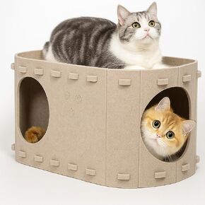 Cat House for Indoor Cats – Enclosed Tunnel Bed & Peekaboo Cave for Large Cats Up to 22 lbs, Scratch-Resistant and Cozy Hideout, Khaki