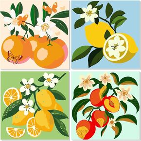 NAIMOER 4 Pack Fruit Paint by Numbers Kits for Adults Beginner with Wooden Framed, Color by Numbers on Canvas Painting Kits for Adults, Easy Paint DIY Acrylic for Home Wall Decor 8X8 Inch