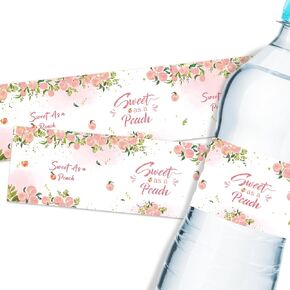 32PCS Sweet As A Peach Water Bottle Labels, Sweet One Water Bottle Stickers, Pink Baby Shower Bottle Wrappers for Girl, Fruit Theme Birthday Party Supplies