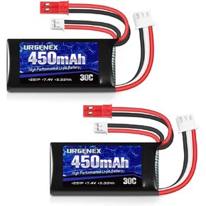 Urgenex 7.4V Lipo Battery 2S 30C 450MAH SCX24 RC LIPO مع قابس التفريغ المزدوج JST و PH2.0