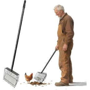 Chicken Poop Scooper & Rake 2-in-1, Stainless Steel Chicken Coop Scoop with Adjustable Handle, Litter Scooper Sand Sifting Shovel for Chicken Coops & Pet Waste Cleaning
