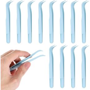 12 Pcs Bent Plastic Tweezers, 4.5 Inch Craft Bead Tweezers Forceps Tools for DIY Jewelry Making, Crafts, Baking Decoration, Reptile Feeding,Stickers Beading Projects Blue
