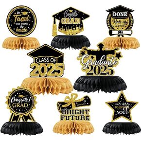 8 PCS 2025 Black Congrats Grad Honeycomb Centerpieces Graduation Party Decorations CongratulateTable Toppers for Party Supplies Class(Black Gold)
