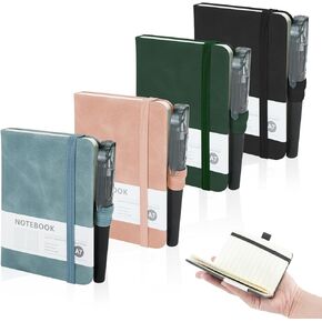 4 Pack Pocket Notebook, A7 Notebooks with Pen, Small Journal Leather Notepads Hardcover Mini Cute Notebooks Holder Page Marker Ribbons for School Office Memos Supplies 4.3" x 3.2" 200 Pages