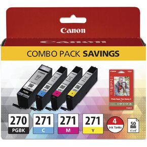 Canon PGI-270/CLI-271 4-Color BK/CMY Ink Cartridge for PIXMA MG5720 MG5721 MG5722 MG6820 MG6821 MG6822 MG7720 Includes 50 Sheets of 4"x6" PP-201 Glossy Photo Paper (0373C005)