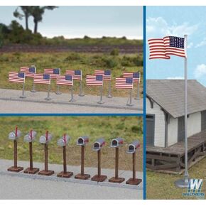 HO Scale Scenery Set 48-Star American/US Flags/Mailboxes