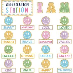 FYSUIMU Boho Smile Face Affirmation Station Bulletin Board Set Positive Sayings Pastel Happy Face Cutouts for Back to School Classroom Chalkboard Wall Decor