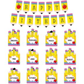 Pencil Happy Birthday Bulletin Board Decorations Set Pencil Paper Cutouts Birthday Pocket Chart Bulletin Board Classroom Calendar Poster for Kids Teacher Students Back to School Classroom Wall Decor