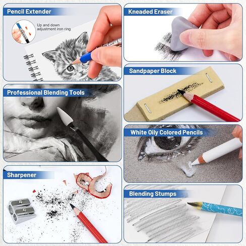 99 PCS Drawing Set, with 50 Page Drawing Pad, Coloring Book,Sketching, Graphite, Charcoal, Coloring Pencils, Blending Tools, Art Supplies Pencil Kit for Artists Adults Beginner Family Friends in Saudi Arabia