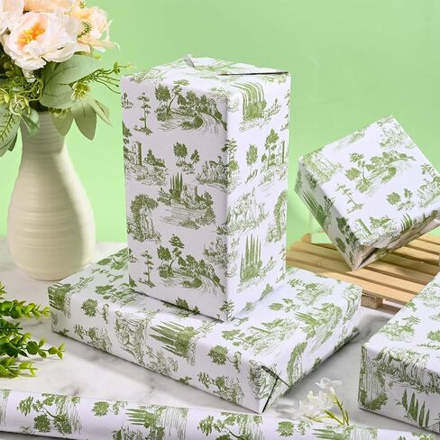 French Wrapping Paper Roll - 17 Inches X 33 Feet - Green Retro Village Toile Wrapping Paper Rustic Gift Wrap Paper for Bridal Shower Birthday Party DIY Craft Supplies in Saudi Arabia