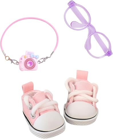 3 Pieces Doll Clothes Set Accessories, Mini Doll Canvas Sneakers Glasses Water Bottle Bag Decoration for 17cm Dolls, Mini Finger Shoes, Cute Outfit Clothing Accessory for 1st/2nd/3rd Gen Monsters Doll in Saudi Arabia