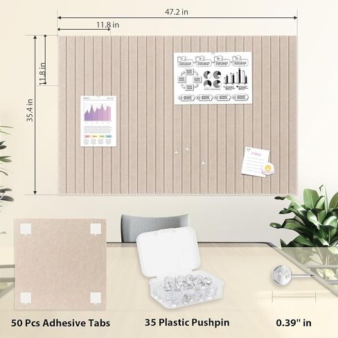 Smarpau Barge Cork Board 48 "x36" ، 12 لوحات من ألواح النشرة ، لوحة دبوس Corkboard مع 50 علامات تبويب لاصقة قابلة للإزالة 35 Pushpins ، بلاط جدار الفلين للفصول الدراسية المنزلية المكتبية (خطوط رأسية خفيفة الجمل) in Kuwait