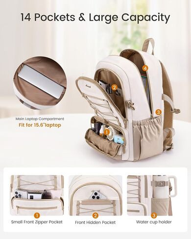 LOVEVOOK School Backpack for Teen Girls, Large Capacity College Bookbag with Water Bottle Holder, Cute Laptop Backpack Purse for Women, Lightweight Daily Backpack, Gift for Her, Off White-Lavender in Saudi Arabia