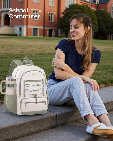 LOVEVOOK School Backpack for Teen Girls, Large Capacity College Bookbag with Water Bottle Holder, Cute Laptop Backpack Purse for Women, Lightweight Daily Backpack, Gift for Her, Off White-Lavender in Saudi Arabia