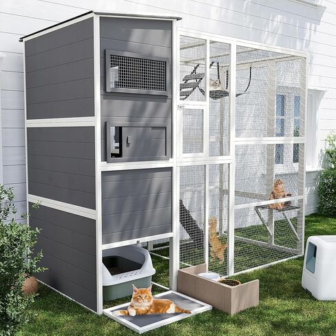 Catio Outdoor Cat Enclosure,4 Tiers Large Enclosures for Mulitiple Cats Walk in Cat Patio with Waterproof Roof, 74" Outdoor Catios with Hanging Hammock (Grey, 74") in Saudi Arabia